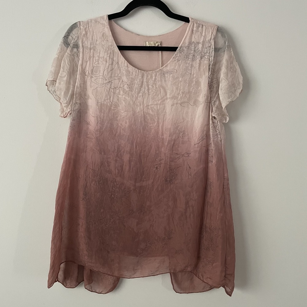 NWT Giusy Italy Silk Sheer Blouse Pink Floral Size M Lined Layered Quiet Luxury